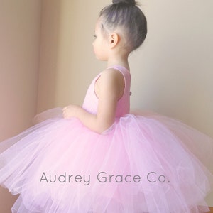 Op de afbeelding: Een jong meisje draagt een roze tule tutu-jurk met de tekst "Audrey Grace Co." op de rok.
