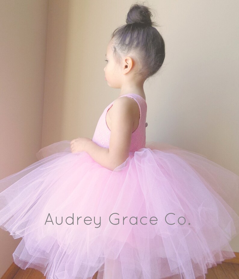 Op de afbeelding: Een jong meisje draagt een roze tule tutu-jurk met de tekst "Audrey Grace Co." op de rok.