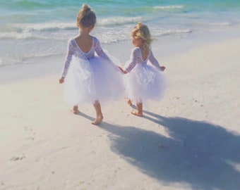 Long Sleeve Lace Dress, Girls Tutu Dress, Tulle Flower Girl Dress, White Lace Flower Girl Dress, Baby Baptism Dress, Holy Communion Dress