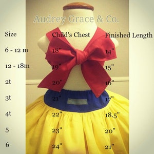 May include: Size chart for a red and yellow dress with a bow. The chart shows the child's chest size in inches and the finished length in inches. Sizes range from 6-12 months to 6.