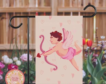 Bandeira de jardim Cupido Dia dos Namorados Bandeira de quintal ao ar livre para casa Banner para exibição de varanda Bandeira Corações rosa Dia dos Namorados
