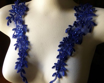 Sapphire Royal Blue Beaded Applique Pair for Lyrical Dance, Bridal, Headbands, Sashes, Costume Design PR 95 sb