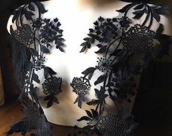 Black Lace Applique Pair: Floral Illusion Gown Garments PR 329