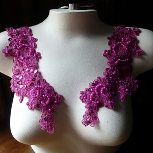 FUCHSIA Beaded Lace Applique PAIR Pink for Prom Dress, Lyrical Dance, Headbands, Costume Design PR 612 fp