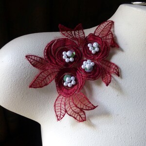 RED Beaded Applique Lace Flower in Organza for Lyrical Dance, Bridal, Costumes, Millinery CA 615 red