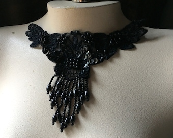 3 BLACK Beaded Lace Applique with fringe for Lyrical Dance, Ballet, Garments, Costumes BLA 398