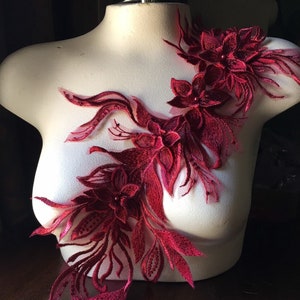 Burgundy Red 3D BEADED Applique Lace  for Grad Gowns, Lyrical Dance, Ballet, Couture Gowns F73