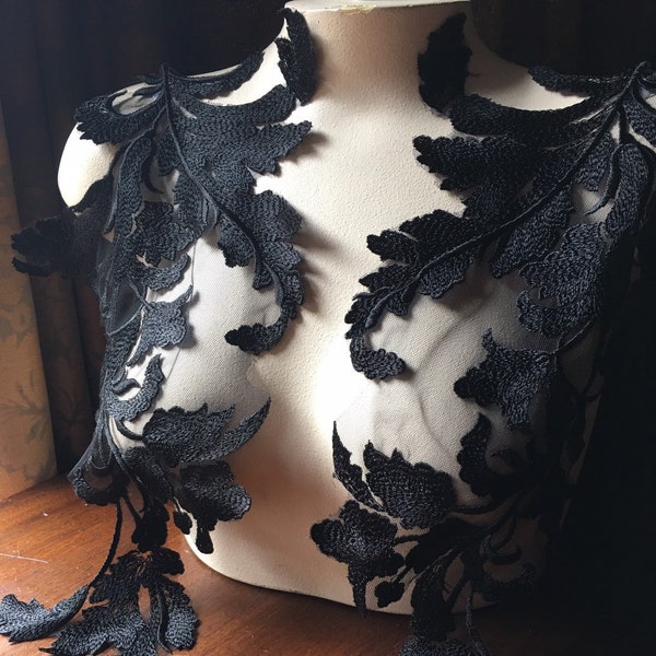 BLACK Lace Applique PAiR for Prom, Bridal Illusion Gowns, Boleros, Garments, Costume Design PR 330