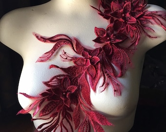 Burgundy Red 3D BEADED Applique Lace  for Grad Gowns, Lyrical Dance, Ballet, Couture Gowns F73