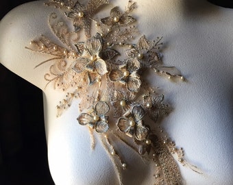 Metallic GOLD 3D Applique , Beaded, Embroidered for Lyrical Dance, Ballet, Couture Gowns F74