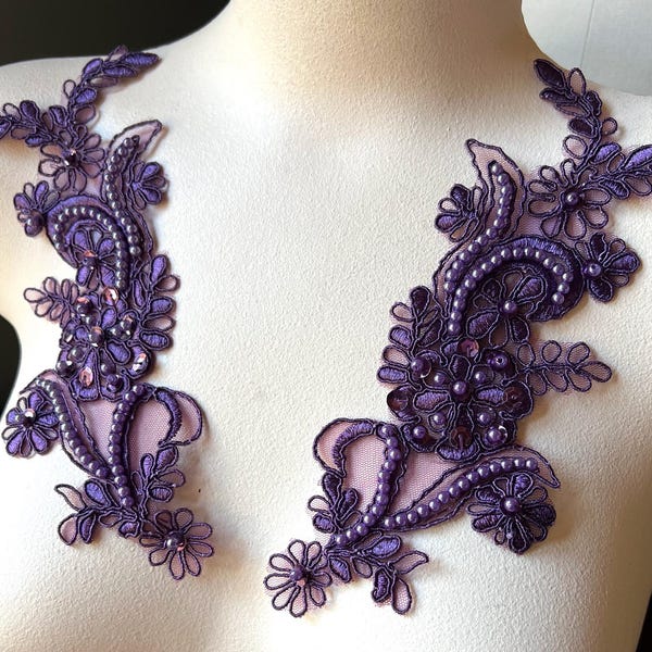 Plum Beaded Lace Applique Pair: Aubergine Embroidery, Faux Pearls PR 114 orig