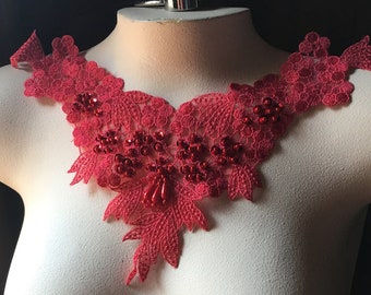 CORAL RED Applique Beaded Lace for Lyrical Dance, Garments, Costume Design CA 45 red