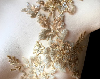 CHAMPAGNE Applique Perline con paillettes per danza lirica, balletto, abiti couture F102