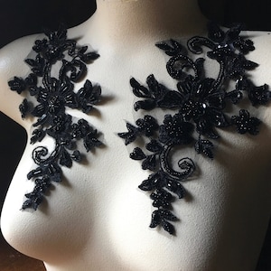 BLACK Applique PAIR Beaded Alencon Lace for Grad, Prom, Lyrical Dance, Ballet, Couture Gowns F134