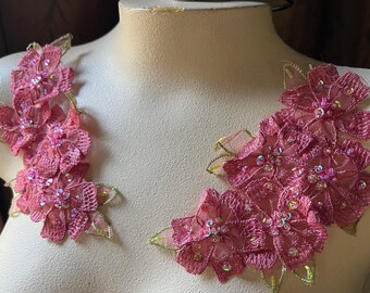 Aplique de encaje con cuentas 3D rosa: adorno para traje de danza lírica, CA 42 pares