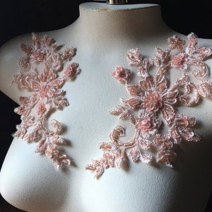 PEACH FAWN Applique PAIR Beaded Alencon Lace for Lyrical Dance, Ballet, Couture Gowns F134