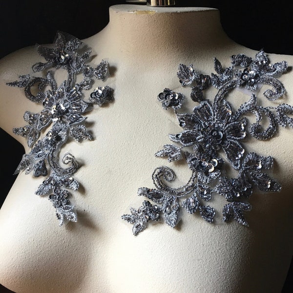 PEWTER GREY Applique PAIR Beaded Alencon Lace for Grad, Prom, Lyrical Dance, Ballet, Couture Gowns F134