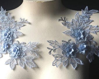 LIGHT BLUE 3d Lace Applique PAIR for Lyrical or Ballet Costumes, Garments, Bridal F6