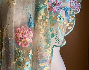 Multicolored Pink, Blue, Yellow Beaded Fabric Embroidered for Garments, Costumes