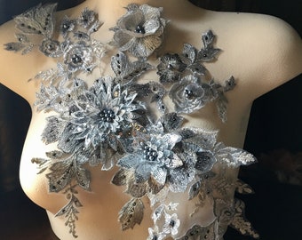 NEW SILVER 3D Applique #1 , Beaded for GRAD, Lyrical Dance, Ballet, Couture Gowns F