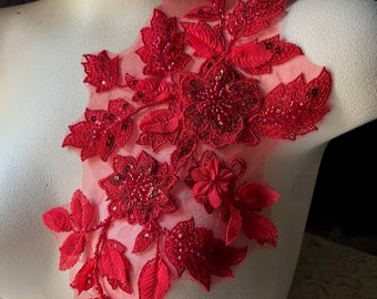 RED 3D Applique Beaded Lace #2 for Lyrical Dance, Ballet, Ballroom, Couture Gowns F208-2