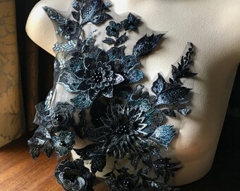 Black Teal 3D Floral Applique: Beaded Embroidered Lace (18x11.5") F33-1