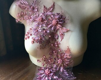 ROSE Pink Applique Beaded LONG Rhinestones for Grad, Lyrical Dance, Ballroom Dance, Costumes, Garments F