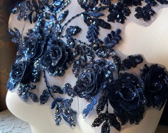 Navy Blue 3D Applique  Beaded for GRAD, Lyrical Dance, Ballet, Couture Gowns F2c