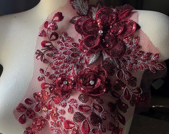 RED & SILVER  3D Applique #1 Beaded and Embroidered for Lyrical Dance, Ballet, Couture Gowns F226-1