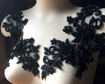 PAIRE d'appliques noires en dentelle d'Alençon perlée 3D pour danse lyrique, ballet, robes de haute couture F105