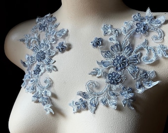 BLUE Applique PAIR Beaded Alencon Lace for Lyrical Dance, Ballet, Couture Gowns F134