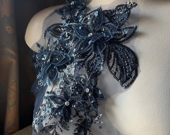 NAVY BLUE & Silver 3D Applique #2 Beaded and Embroidered for Lyrical Dance, Ballet, Couture Gowns F225-2