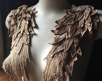 GOLD 3D Lace Applique WINGS PAiR for Angels, Swan Lake, Epaulettes, Garments, Costume Design PR 380