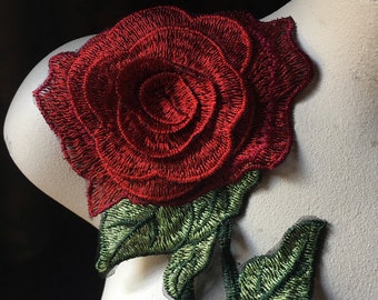 3D Red Rose Lace Rose Applique for Grad Gowns, Garments, Costume Design CA 821