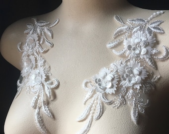 WHITE 3d Lace Applique PAIR for Lyrical or Ballet Costumes, Garments, Bridal F141