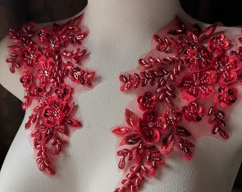 NEW RED 3D Applique PAiR , Beaded for Lyrical Dance, Ballet, Couture Gowns F219