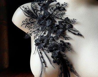 BLACK 3D Applique Beaded, Embroidered for Dance Costumes, Couture Gowns F74