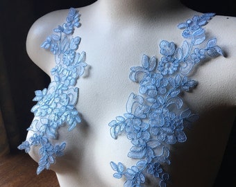 Paire d'appliques en dentelle bleu clair SECONDS pour danse lyrique, mariée, capes, voiles, création de costumes PR 377 ltbl