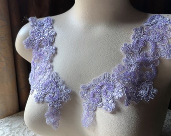 NEW Lilac Beaded Lace Applique PAIR for Lyrical Dance, Bridal, Headbands, Costume Design PR 612 lil new stock