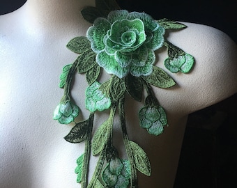 Green 3D Rose Lace Applique: Floral Costume Design, Boho Bridal CA 947