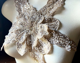 CHAMPAGNE LARGE 3D Applique Beaded for Lyrical Dance, Bridal, Garments, Costumes CA 1003-2