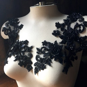 BLACK Applique PAIR 3D Beaded Alencon Lace for Lyrical Dance, Ballet, Couture Gowns F105