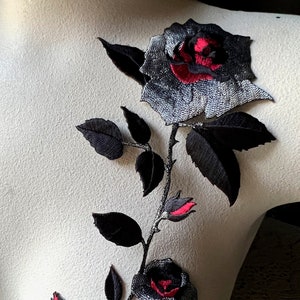 BLACK, SILVER & RED Rose Long Stem Applique Iron On for Lyrical Costumes, Garments, Accessories  Iron 96