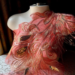 New! RED & GOLD Long Peacock Beaded Applique for Grad, Lyrical Dance, Ballet, Grad, Couture Gowns, Garments F