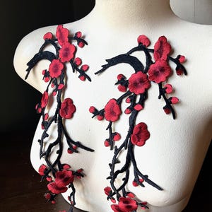 Può includere: Applique floreali ricamate con fiori rossi e rami neri. Queste applicazioni sono progettate per essere cucite su tessuto, con un effetto tridimensionale dettagliato. I fiori hanno un aspetto stratificato.