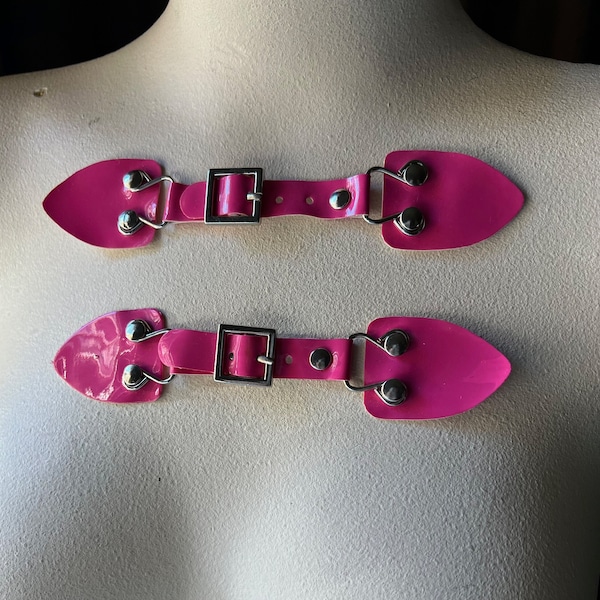 2 HOT PINK Buckles Faux Patent Leather Front Tabs for Garments, Cosplay, Mid Century Mod,  Boots