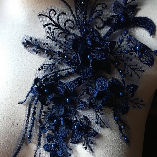 NAVY BLUE  3D Applique , Beaded, Embroidered for Lyrical Dance, Ballet, Couture Gowns F74