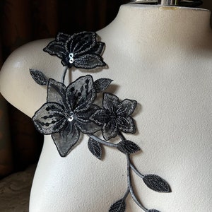Black & Silver Iron On Flower Applique: Costume or Jewelry Design IRON 88