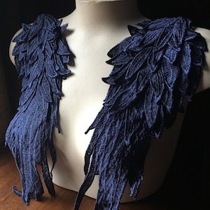 NAVY BLuE 3D Lace Applique WINGS PAiR for Angels, Swan Lake, Epaulettes, Garments, Costume Design PR 380