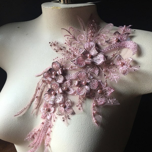 ROSE PINK 3D Applique , Beaded, Embroidered for Lyrical Dance, Ballet, Couture Gowns F74